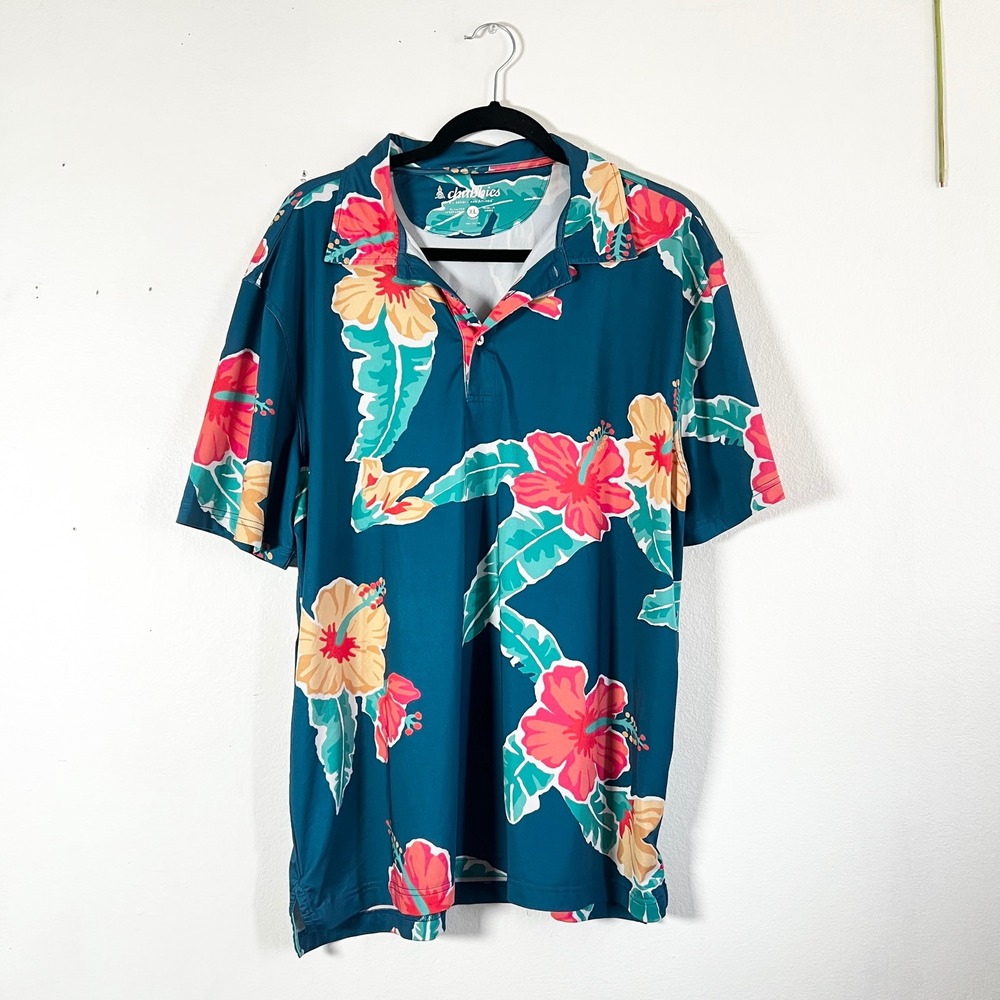 Chubbies Mens XL Tropical Hibiscus Floral Polo Shirt Teal Blue Stretch Golf